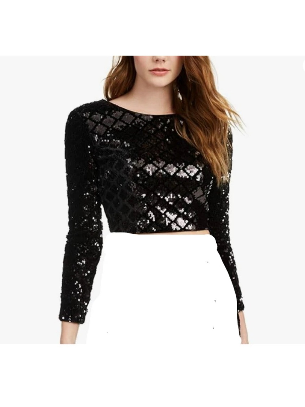 Black Sequin Longsleeve Crop Top Large Crystal Doll Large